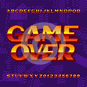 Game Over alphabet font. Digital gradient letters and numbers on pixel background.