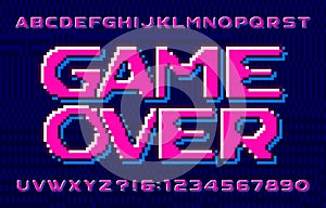 Game Over alphabet font. Eighties style pixel letters, numbers and symbols. Pixel background. photo