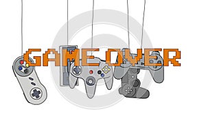 GAME OVER on Different Joysticks Background Hanging on their Wire