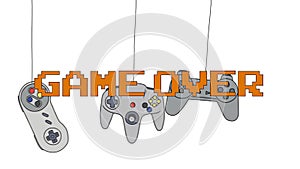 GAME OVER on Different Joysticks Background Hanging on their Wire