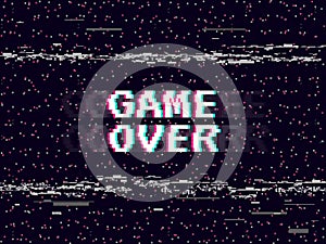 Game over glitch background. Retro game backdrop. Glitched lines noise. VHS effect for your design. Pixel inscription photo