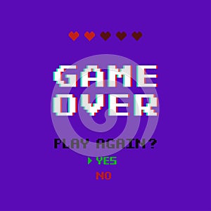 Game over glitch pixel, play again with choice yes no