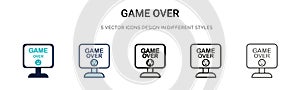 Game over icon in filled, thin line, outline and stroke style. Vector illustration of two colored and black game over vector icons