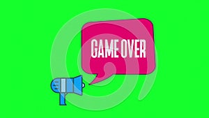 game over megaphone with speech bubble text on animation. Retro, colorful video footage.