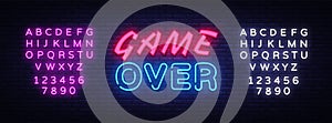 Game Over neon text vector design template. Game Over neon logo, light banner design element colorful modern design