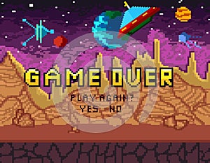 Game over pixel art design with space background and hearts. Pix