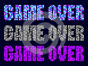 Game over, pixel art. Pixel text informing about the loss in the game. Text in 8-bit retro video game style from 80s - 90s