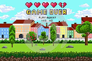 Game over pixel are design with city landscape, sky and trees. P