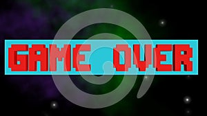 Game over, play again outro, pixelated lettering, rotating horizontal block, 3d animation on animated space background