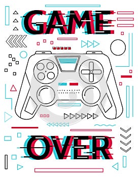 Game over poster. Video gaming joystick. Contour gamepad and glitch lettering. Play arcade. Line elements. Cyber sport