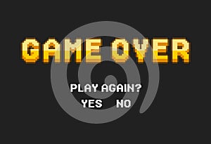 Game Over in retro pixel art style on black background. Concept of level final in virtual gaming or classic user