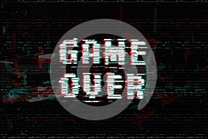 Game Over, screen message, vector illustration. Glitch effect text, digital noise background.