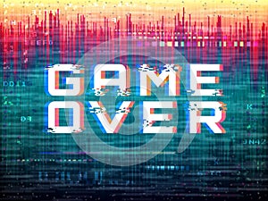 Game over text. Video game glitch. Color distortions and pixel noise. Digital error template. Retro vhs effect. Abstract