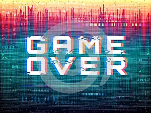 Game over text. Video game glitch. Color distortions and pixel noise. Digital error template. Retro vhs effect. Abstract photo