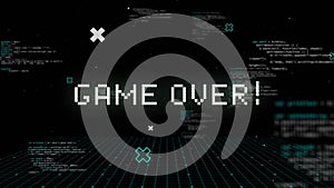 Game over written in white distorting on black background with text and white grid