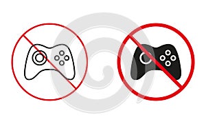 Game Pad Console Line and Silhouette Icons. Gamepad Control Not Allowed, Ban Joystick Warning Sign Set. Video Game