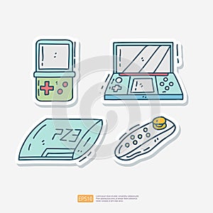 game pad controller and game box console doodle icon set. Game Console Gadget Sticker set vector illustration