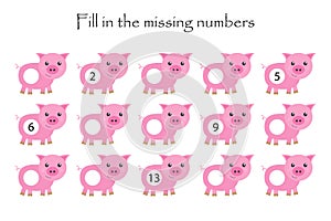 Game with pigs for children, fill in the missing numbers, middle level, education game for kids, school worksheet activity, task