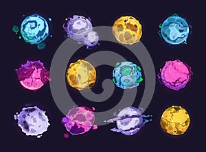 Game planet asset. Cartoon colorful collection of various cute alien planets, funny fantasy rock desert water and acid worlds.