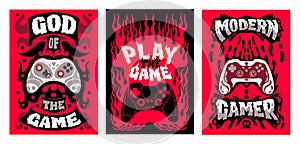 Game posters. Video gamer control slogan. Boy joystick trendy print or kids sport doodle tee. Red fire or dripping blood photo