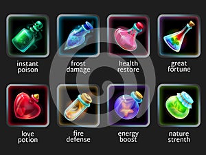 Game potions. Cartoon glass jars of magic elixirs, poison, antidote and love potion, fantasy game alchemist UI elements