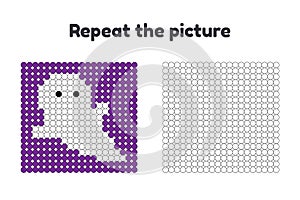 Game for preschool children. Repeat the picture. Paint the circles. Halloween. white ghost on purple background.