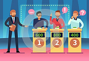 Game quiz show. Clever young people playing television quiz with showman, trivia game tv competition. Cartoon design photo