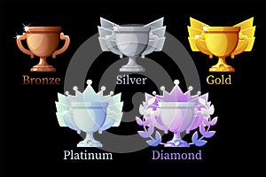 Game Rank awards cup, gold, silver, platinum, bronze, diamond cups 6 steps animation for game.