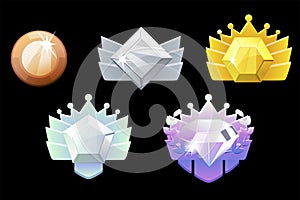 Game Rank Reward, gold, silver, platinum, bronze, diamond geometric icons for game. photo