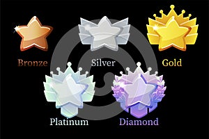 Game Rank Reward Star, gold, silver, platinum, bronze, diamond icons 6 steps animation for game.