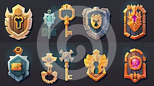 Game reward keys, lock evolution, loot, rare copper, iron, silver, golden, and platinum UI gamer assets, modern photo