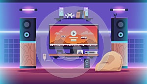 Game room. Cartoon interior of childrens room with big screen, video game, neon lights and cozy furniture. Vector game