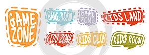 Game room party labels, children education and entertainment club elements. Baby playing zone vector illustration set