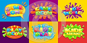 Game room posters. Fun kids playroom, games playing zone for young kid and kids menu vector illustration background