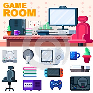 Game room set up. Gamer workplace with set of objects. Vector illustration.