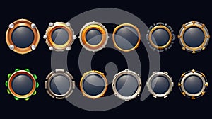 Game round interface frames. Cartoon UI circle game asset items, empty golden medieval silver textured borders for GUI design.