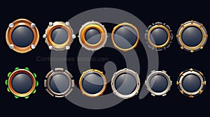 Game round interface frames. Cartoon UI circle game asset items, empty golden medieval silver textured borders for GUI design.