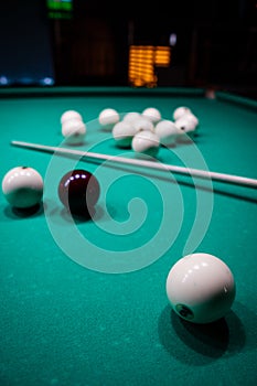 The game of Russian billiards. Billiard balls on gaming table.
