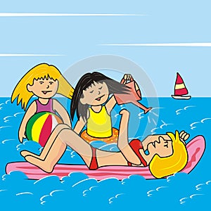Game at sea, family vac, funny vector illustration
