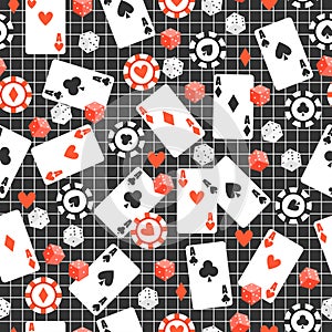 Game seamless pattern with cards, poker chips, dice on original dark background.