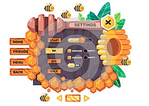 Game set user interface of honey bee setting menu window mobile application design graphic