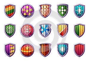 Game shields. Cartoon medieval knight armor wooden screen protector, military weapon achievement UI panel. Vector UI