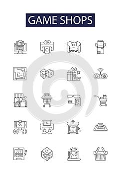 Game shops line vector icons and signs. Shops, Stores, Outlets, Centres, Boutiques, Retailers, Vendors, Dealers outline