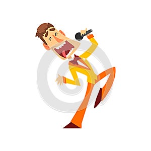 Game show host, joyful man with microphone vector Illustration on a white background