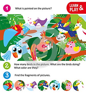 Game for small children. Search fragments. Cartoon birds on trees doing different things. For childrens magazines
