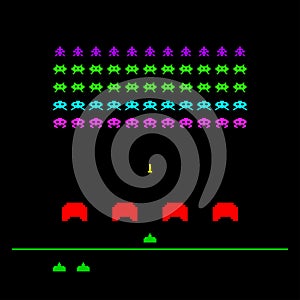 Game with space, invaders, aliens. Ufo arcade game template. Vector Illustration