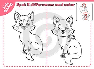 Game spot differences and color cartoon cute cat photo