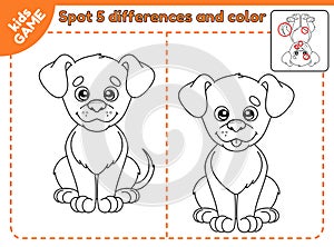 Game spot differences and color cartoon cute dog