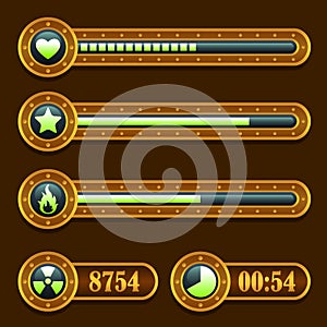 Game steampunk energy time progress bar icons set