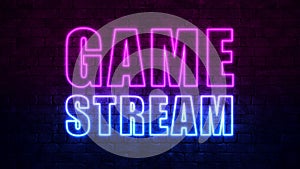 Game Stream background. Purple and Blue Neon inscription on a dark brick wall. Professional gaming stream banner design. Streaming